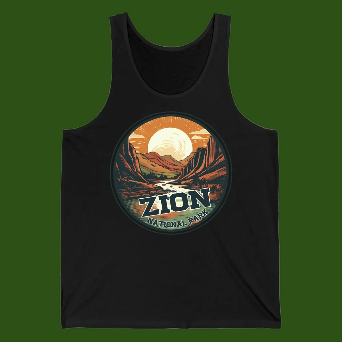 Zion canyon moonrise badge design with red rock walls, moon, river, and evergreens in warm earth tones