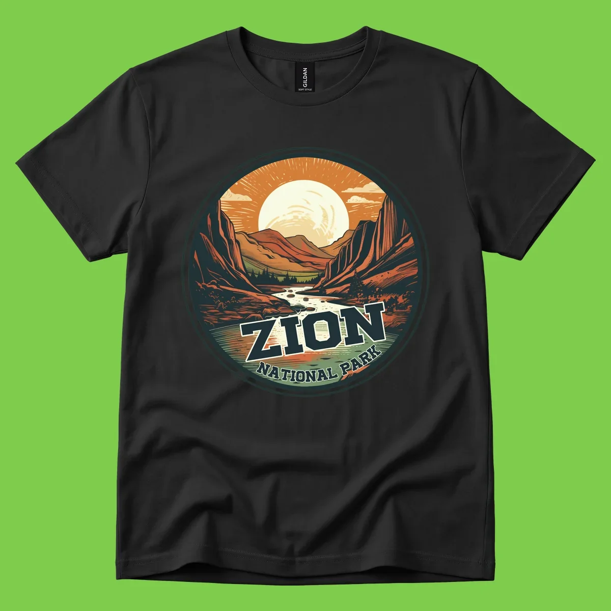 Zion canyon moonrise badge design with red rock walls, moon, river, and evergreens in warm earth tones