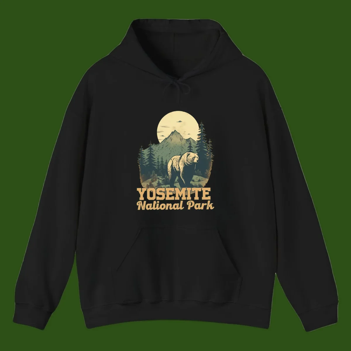 Vintage-style illustration of a grizzly bear before a mountain with full moon, forest, and UFOs—Yosemite National Park design