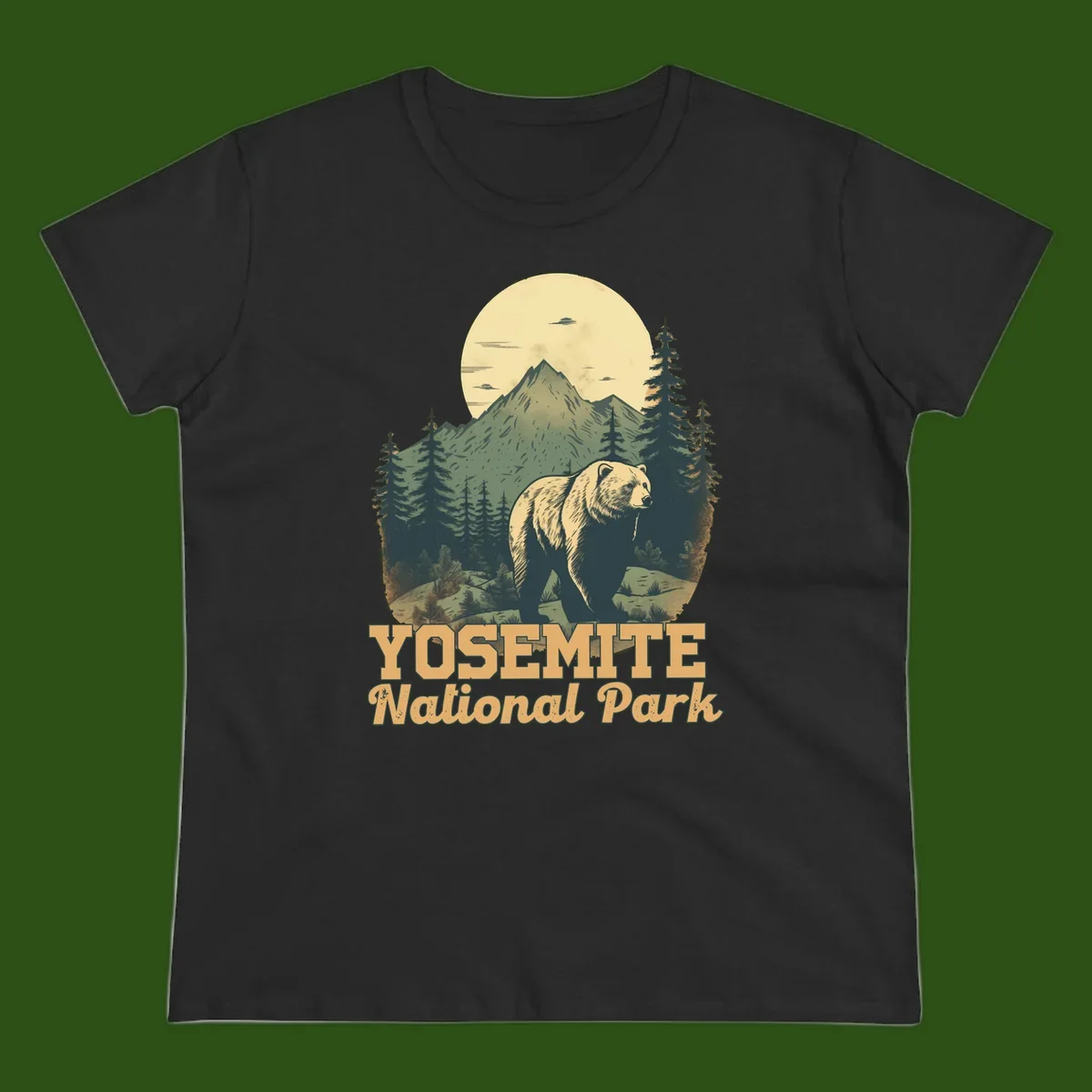 Vintage-style illustration of a grizzly bear before a mountain with full moon, forest, and UFOs—Yosemite National Park design