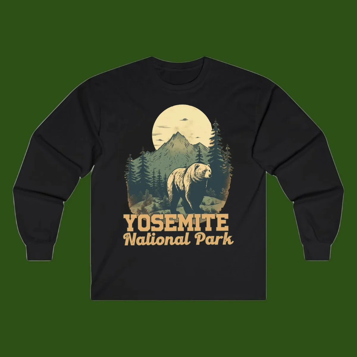 Vintage-style illustration of a grizzly bear before a mountain with full moon, forest, and UFOs—Yosemite National Park design