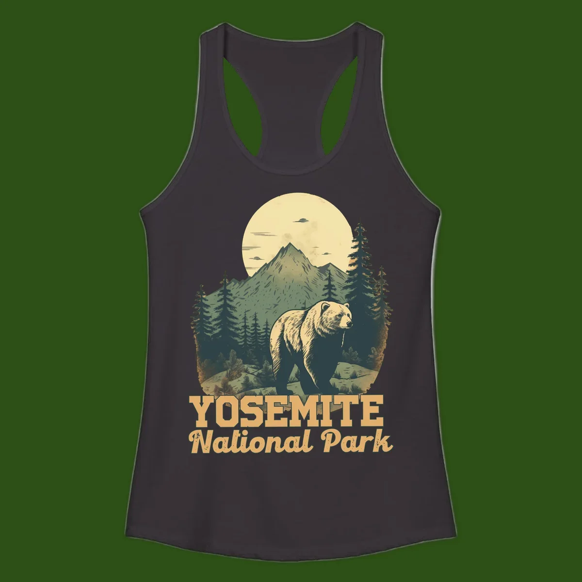 Vintage-style illustration of a grizzly bear before a mountain with full moon, forest, and UFOs—Yosemite National Park design