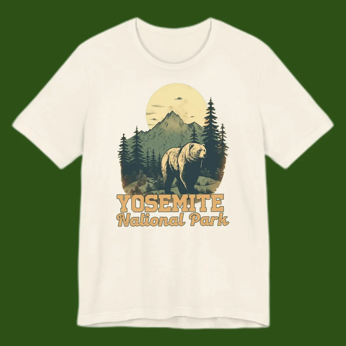 Vintage-style illustration of a grizzly bear before a mountain with full moon, forest, and UFOs—Yosemite National Park design