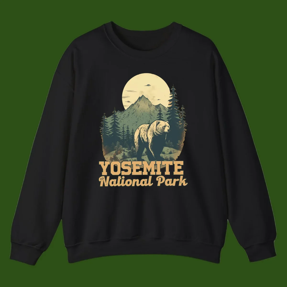 Vintage-style illustration of a grizzly bear before a mountain with full moon, forest, and UFOs—Yosemite National Park design