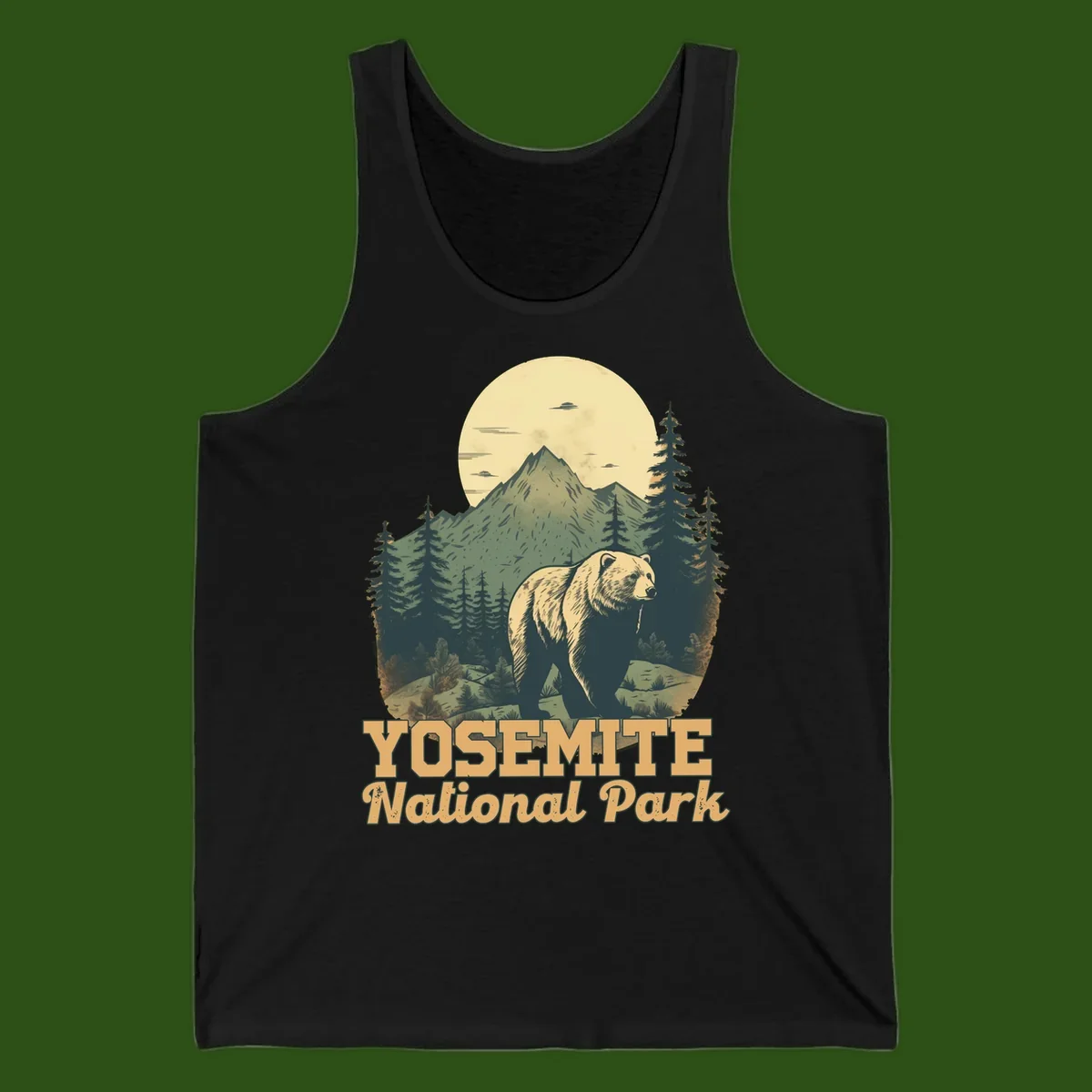 Vintage-style illustration of a grizzly bear before a mountain with full moon, forest, and UFOs—Yosemite National Park design