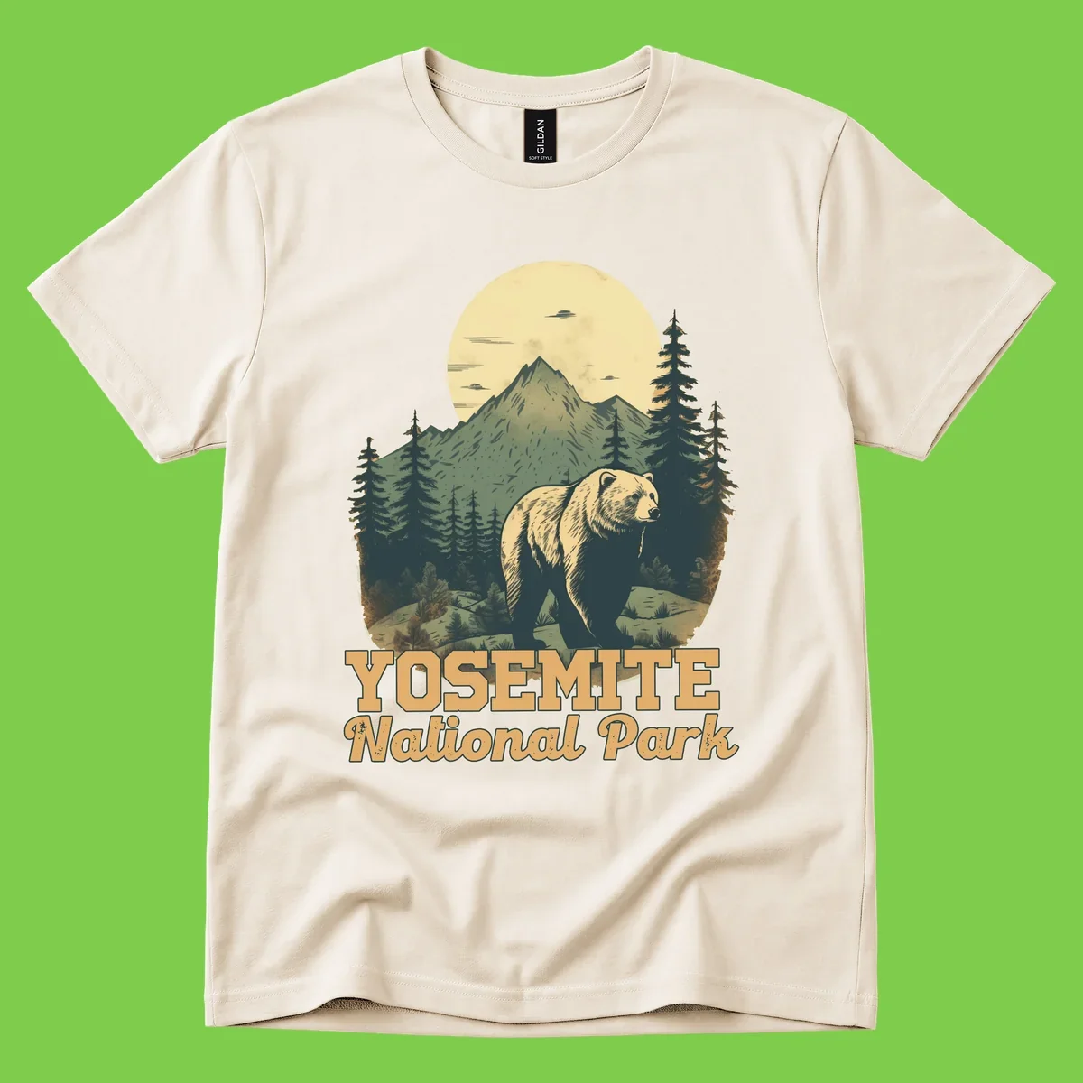 Vintage-style illustration of a grizzly bear before a mountain with full moon, forest, and UFOs—Yosemite National Park design