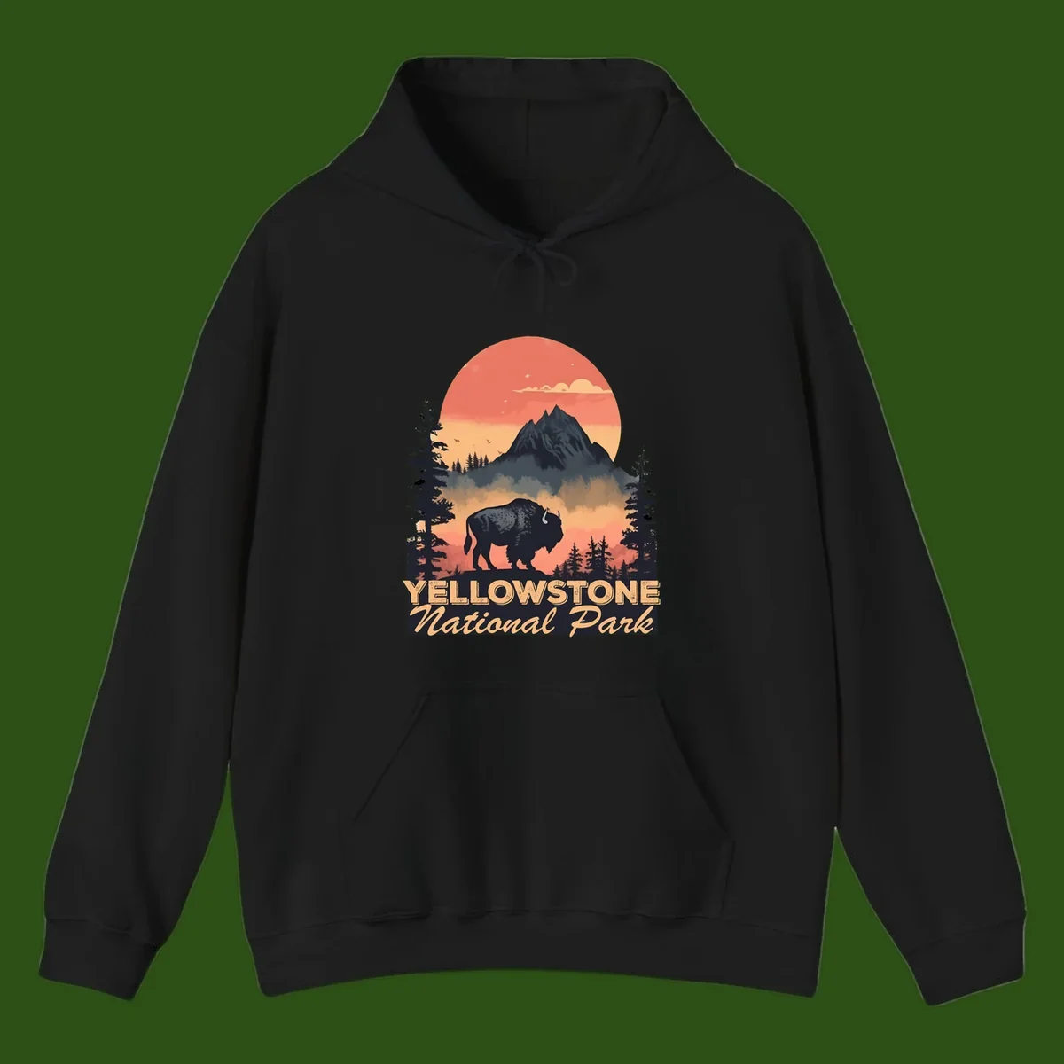 Yellowstone bison national park design: silhouette of a bison in misty forest with mountain peak and sunset sky