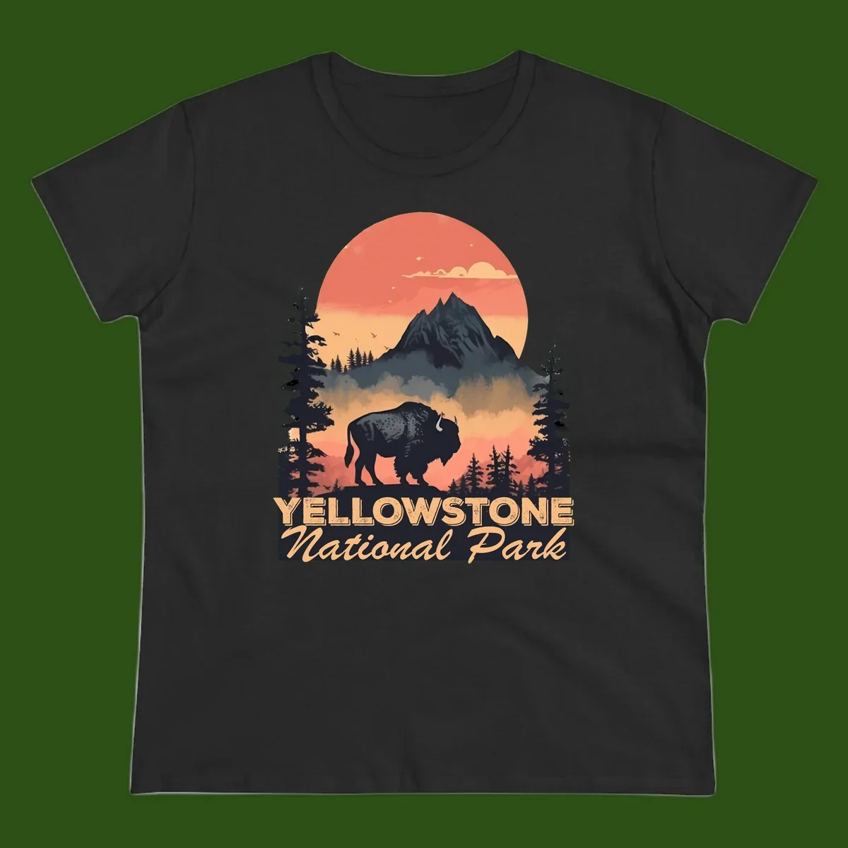 Yellowstone bison national park design: silhouette of a bison in misty forest with mountain peak and sunset sky