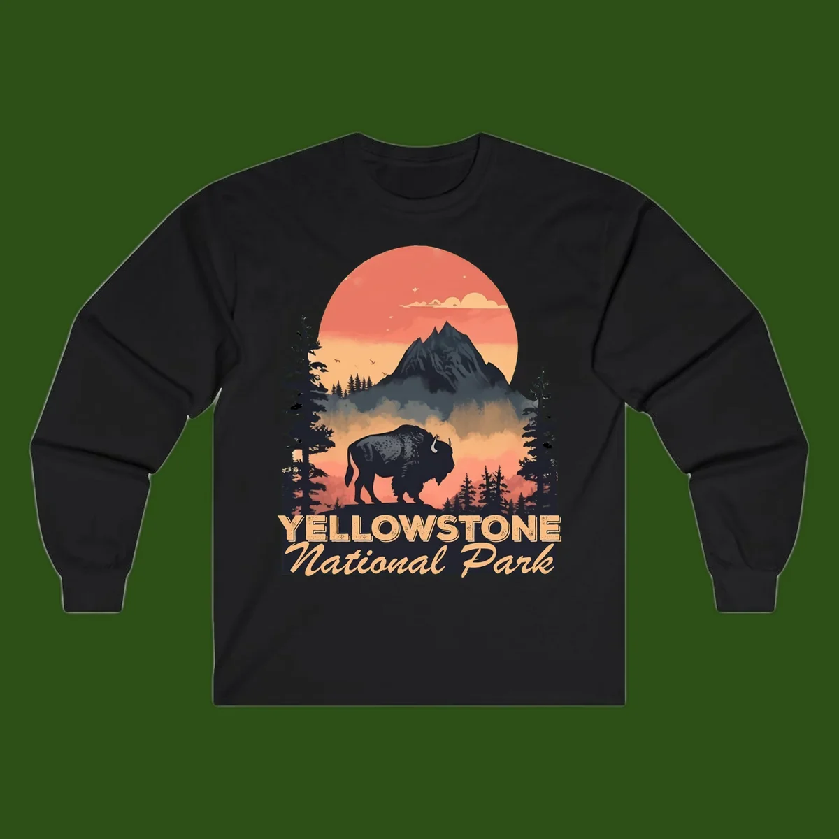 Yellowstone bison national park design: silhouette of a bison in misty forest with mountain peak and sunset sky