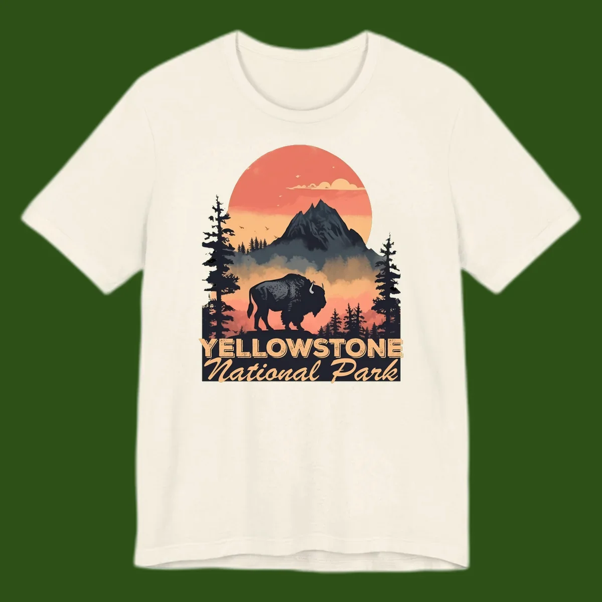Yellowstone bison national park design: silhouette of a bison in misty forest with mountain peak and sunset sky