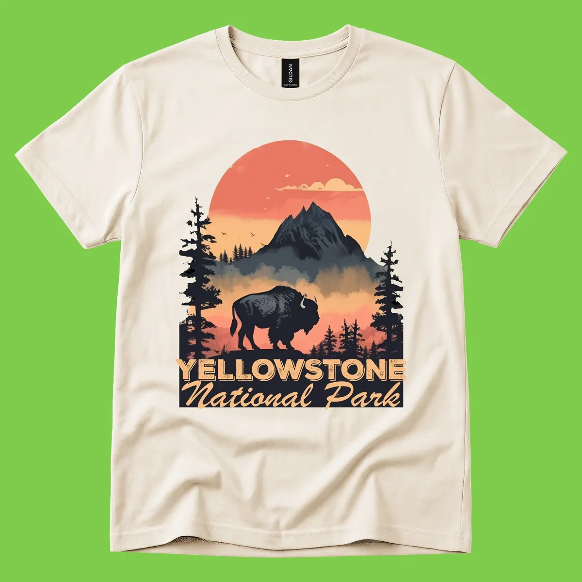 Yellowstone bison national park design: silhouette of a bison in misty forest with mountain peak and sunset sky