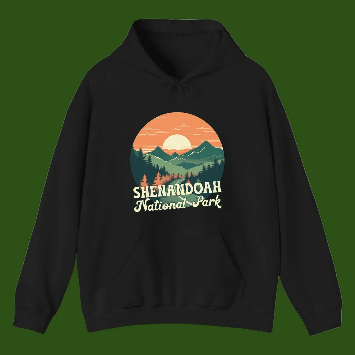 Vintage-style illustration of Shenandoah National Park with layered mountains, evergreen forests, and a large orange sunset sky with text reading Shenandoah National Park.
