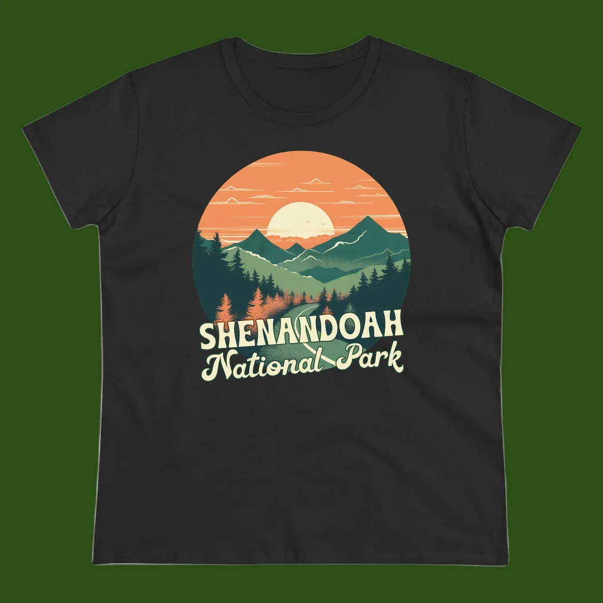 Vintage-style illustration of Shenandoah National Park with layered mountains, evergreen forests, and a large orange sunset sky with text reading Shenandoah National Park.