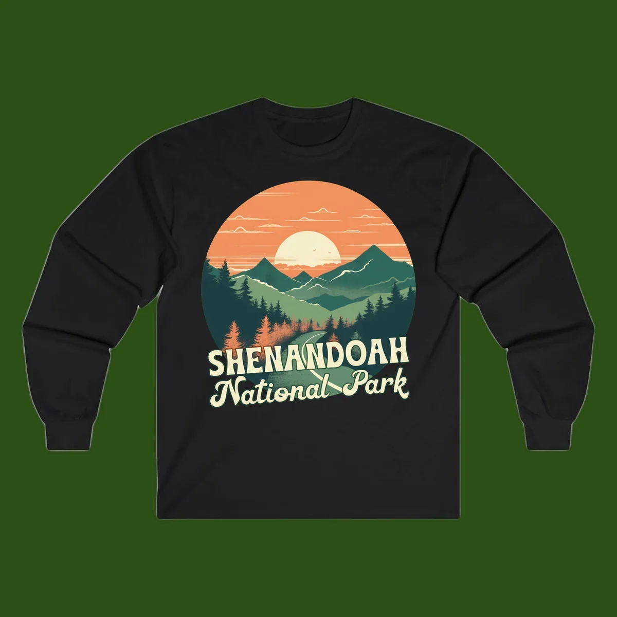 Vintage-style illustration of Shenandoah National Park with layered mountains, evergreen forests, and a large orange sunset sky with text reading Shenandoah National Park.
