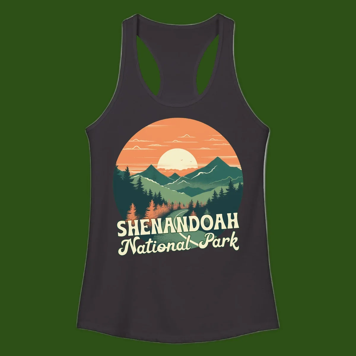 Vintage-style illustration of Shenandoah National Park with layered mountains, evergreen forests, and a large orange sunset sky with text reading Shenandoah National Park.