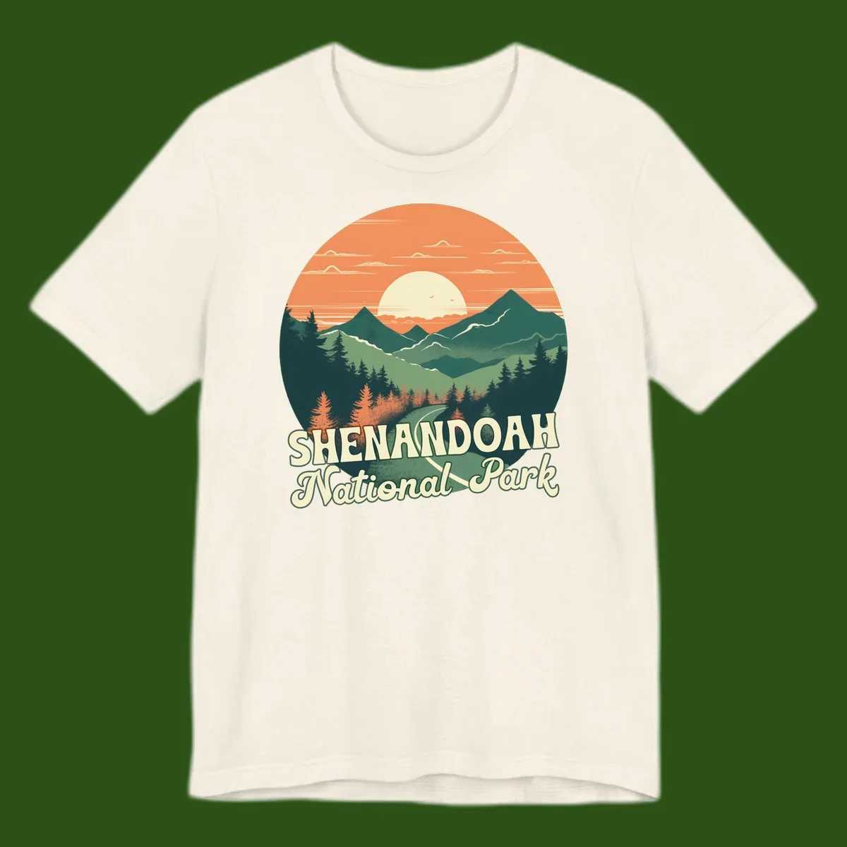 Vintage-style illustration of Shenandoah National Park with layered mountains, evergreen forests, and a large orange sunset sky with text reading Shenandoah National Park.