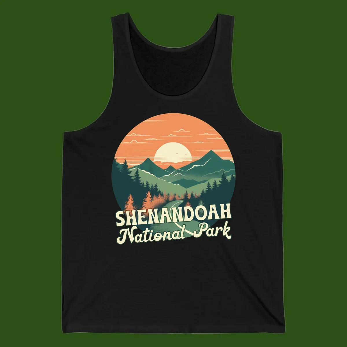 Vintage-style illustration of Shenandoah National Park with layered mountains, evergreen forests, and a large orange sunset sky with text reading Shenandoah National Park.