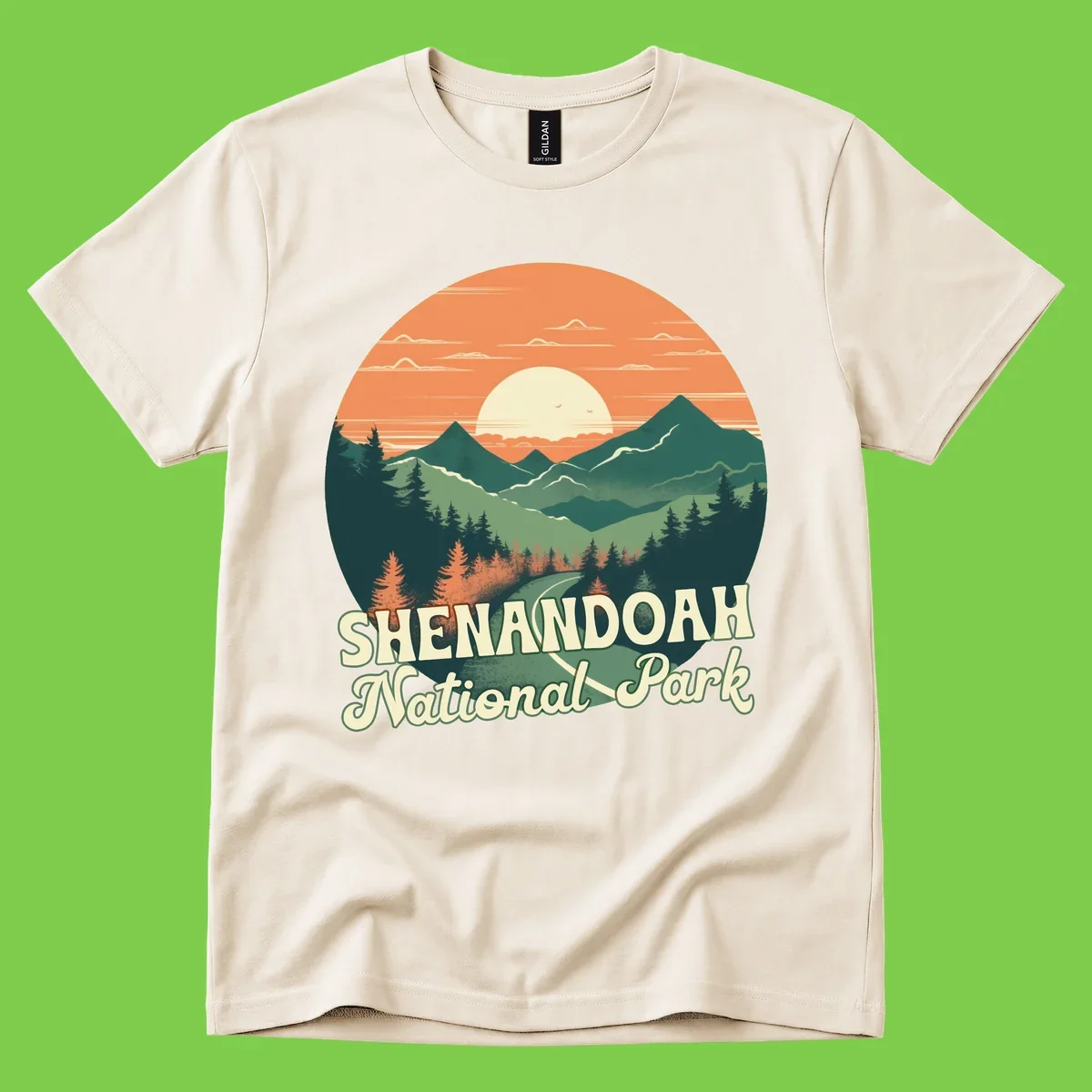 Vintage-style illustration of Shenandoah National Park with layered mountains, evergreen forests, and a large orange sunset sky with text reading Shenandoah National Park.
