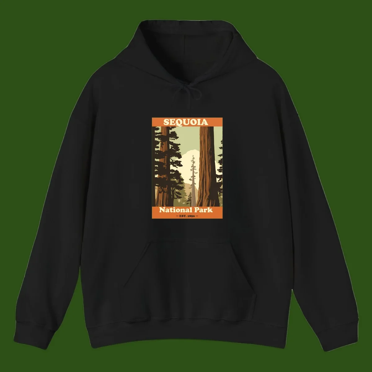 Vintage travel poster illustration of Sequoia National Park featuring towering redwood trees framing a mountain vista, established 1890.
