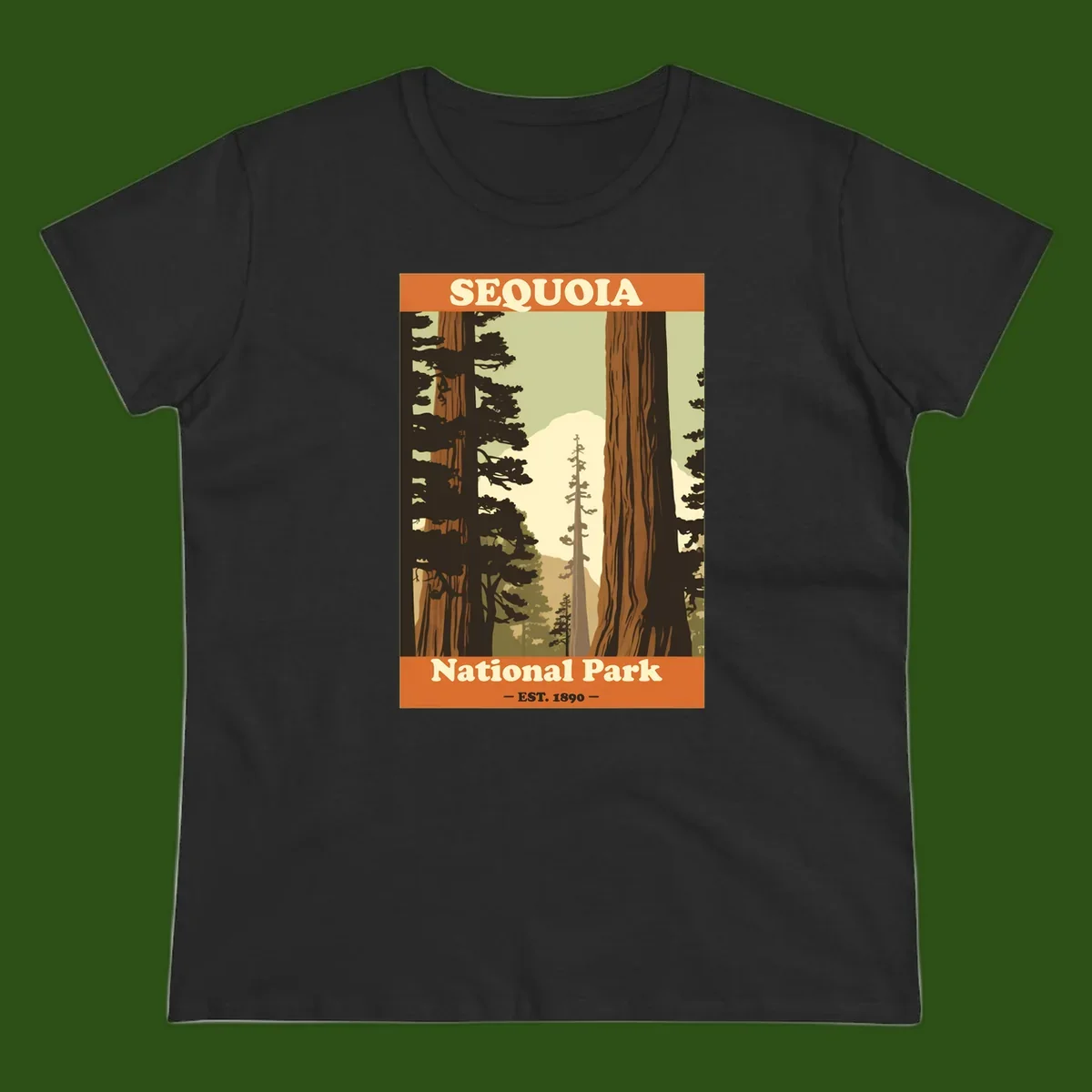 Vintage travel poster illustration of Sequoia National Park featuring towering redwood trees framing a mountain vista, established 1890.