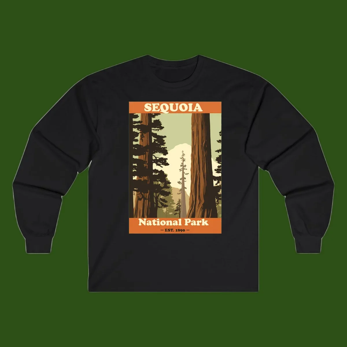 Vintage travel poster illustration of Sequoia National Park featuring towering redwood trees framing a mountain vista, established 1890.