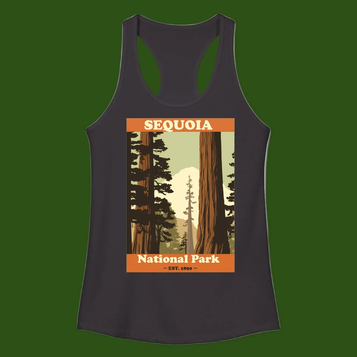 Vintage travel poster illustration of Sequoia National Park featuring towering redwood trees framing a mountain vista, established 1890.