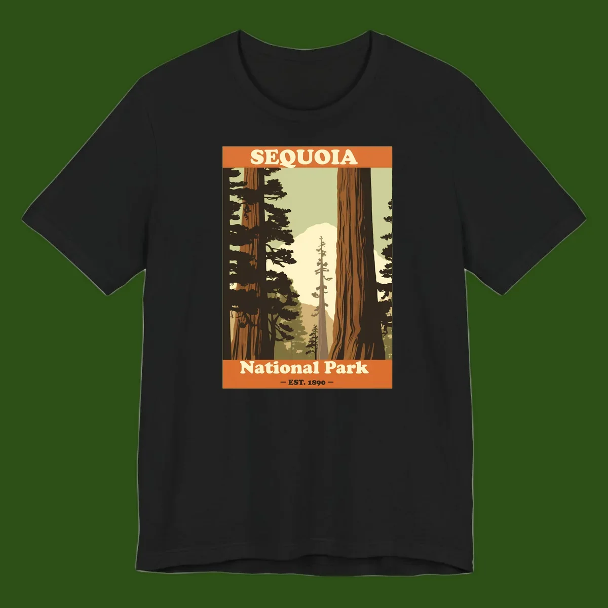 Vintage travel poster illustration of Sequoia National Park featuring towering redwood trees framing a mountain vista, established 1890.