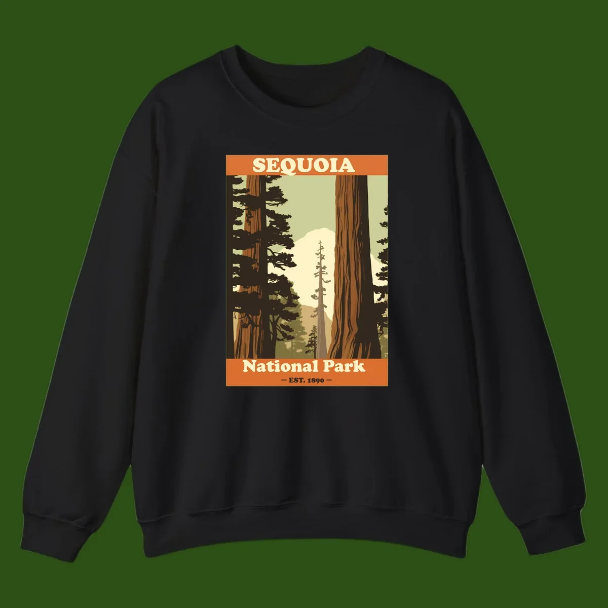 Vintage travel poster illustration of Sequoia National Park featuring towering redwood trees framing a mountain vista, established 1890.
