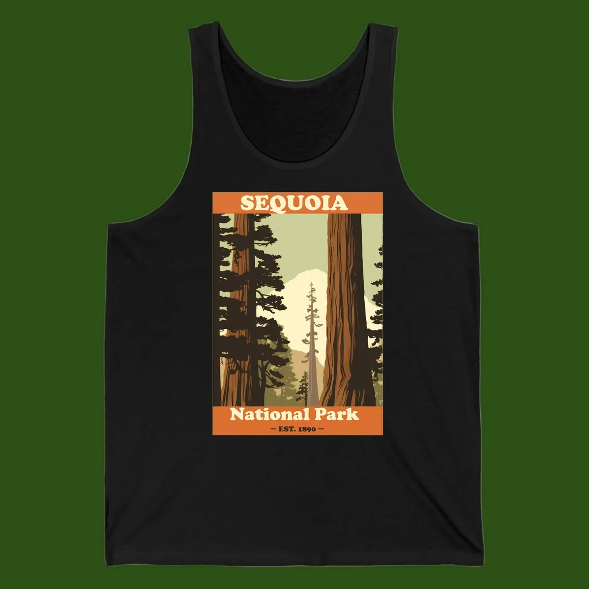 Vintage travel poster illustration of Sequoia National Park featuring towering redwood trees framing a mountain vista, established 1890.