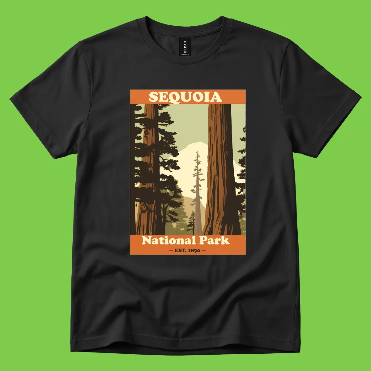 Vintage travel poster illustration of Sequoia National Park featuring towering redwood trees framing a mountain vista, established 1890.