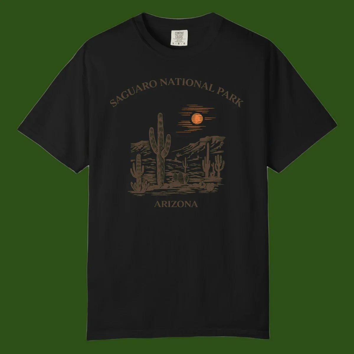 Vintage Saguaro National Park Arizona design with tall saguaro cacti, desert plants, and sun over rocky landscape
