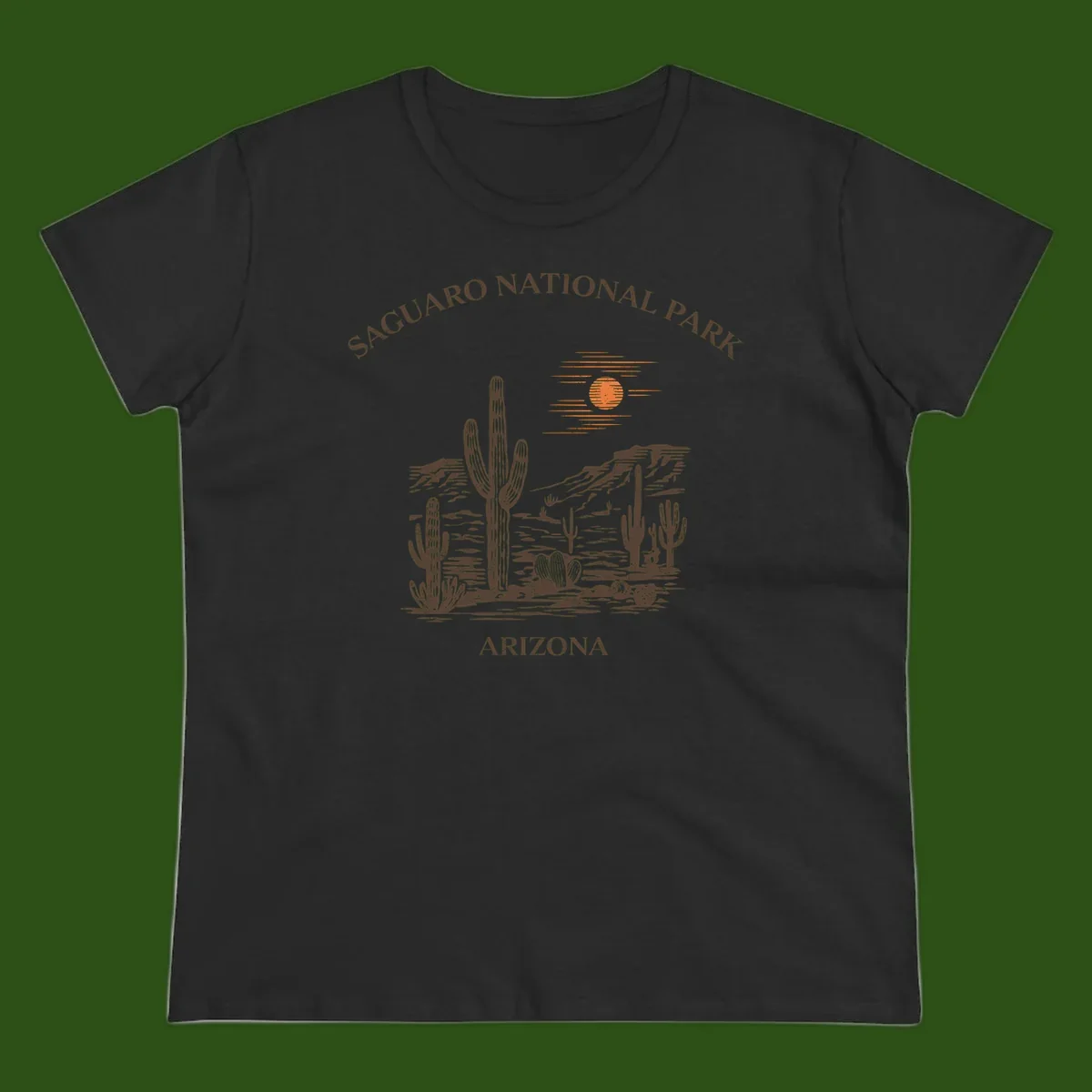 Vintage Saguaro National Park Arizona design with tall saguaro cacti, desert plants, and sun over rocky landscape