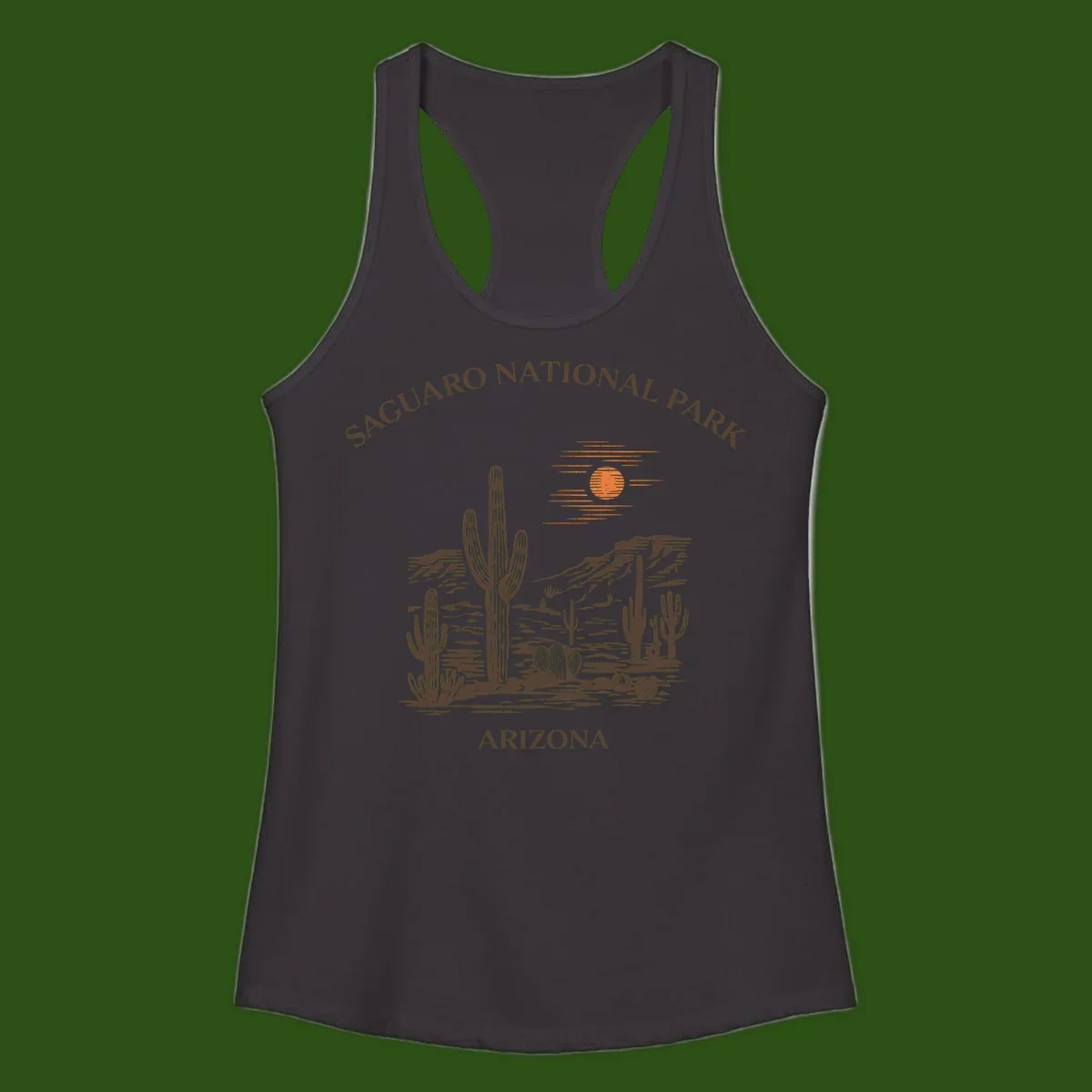 Vintage Saguaro National Park Arizona design with tall saguaro cacti, desert plants, and sun over rocky landscape