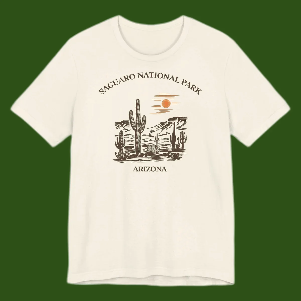 Vintage Saguaro National Park Arizona design with tall saguaro cacti, desert plants, and sun over rocky landscape