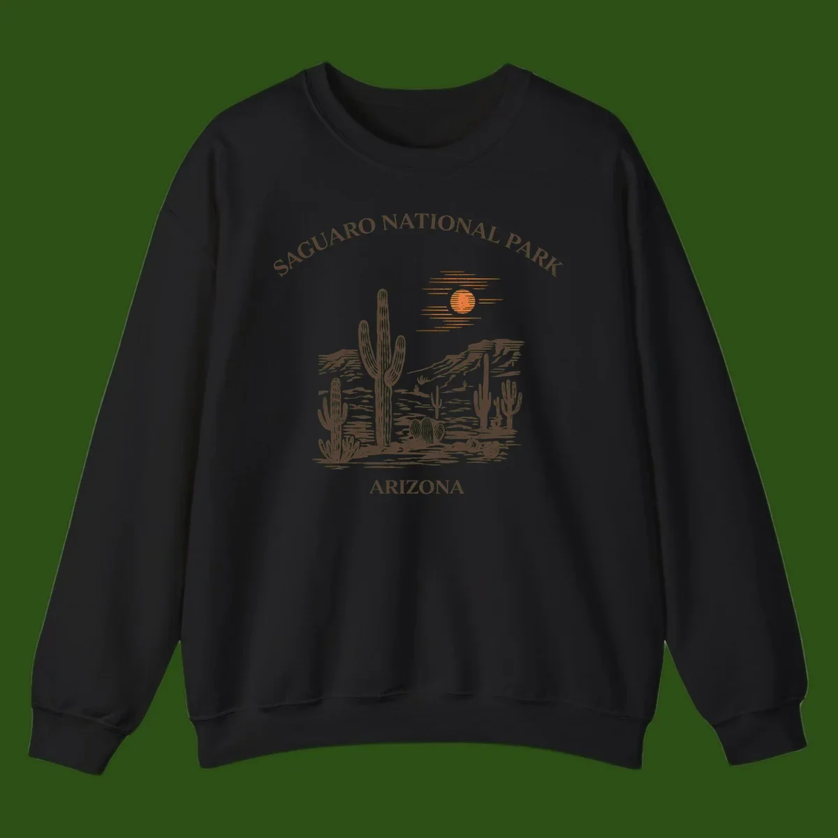 Vintage Saguaro National Park Arizona design with tall saguaro cacti, desert plants, and sun over rocky landscape