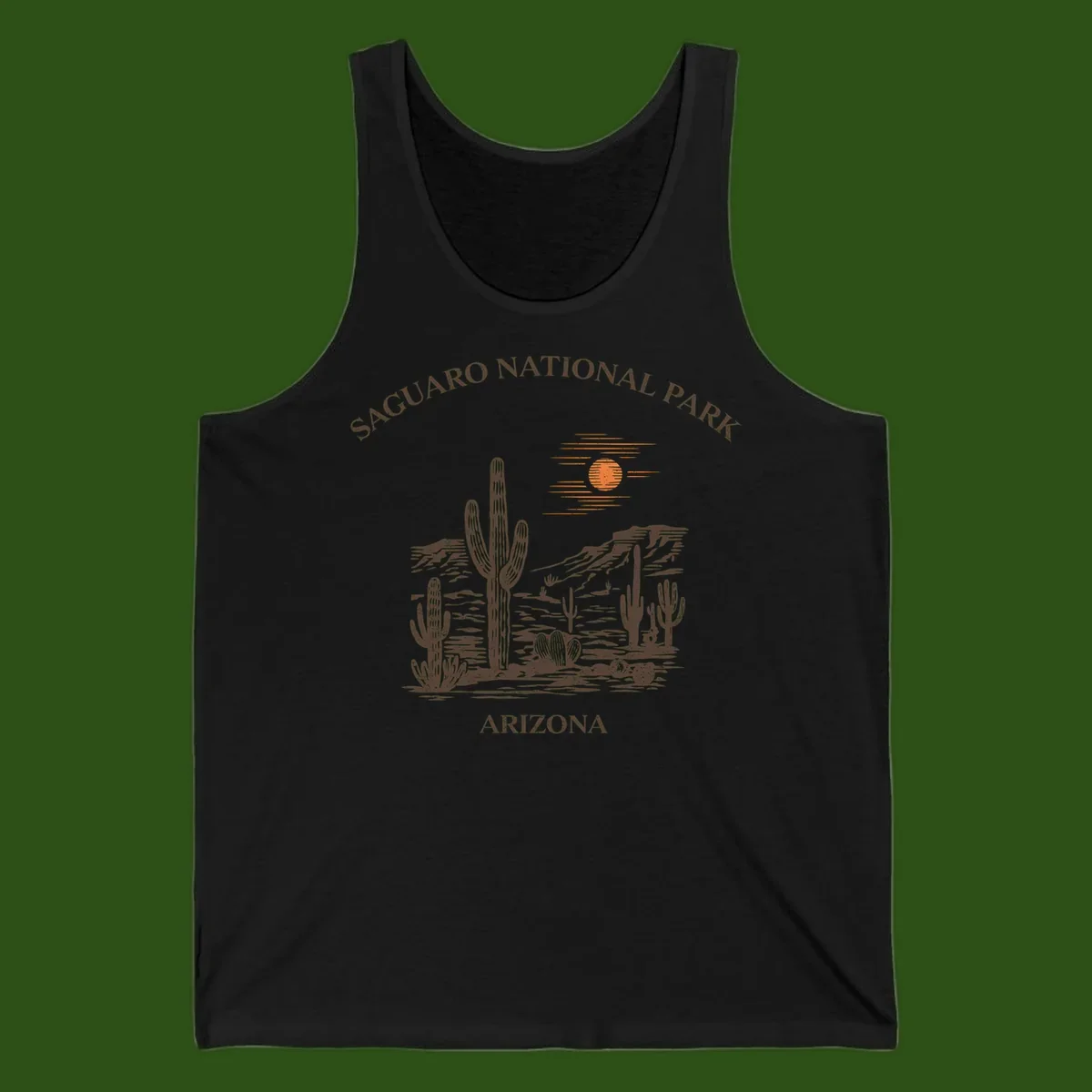 Vintage Saguaro National Park Arizona design with tall saguaro cacti, desert plants, and sun over rocky landscape