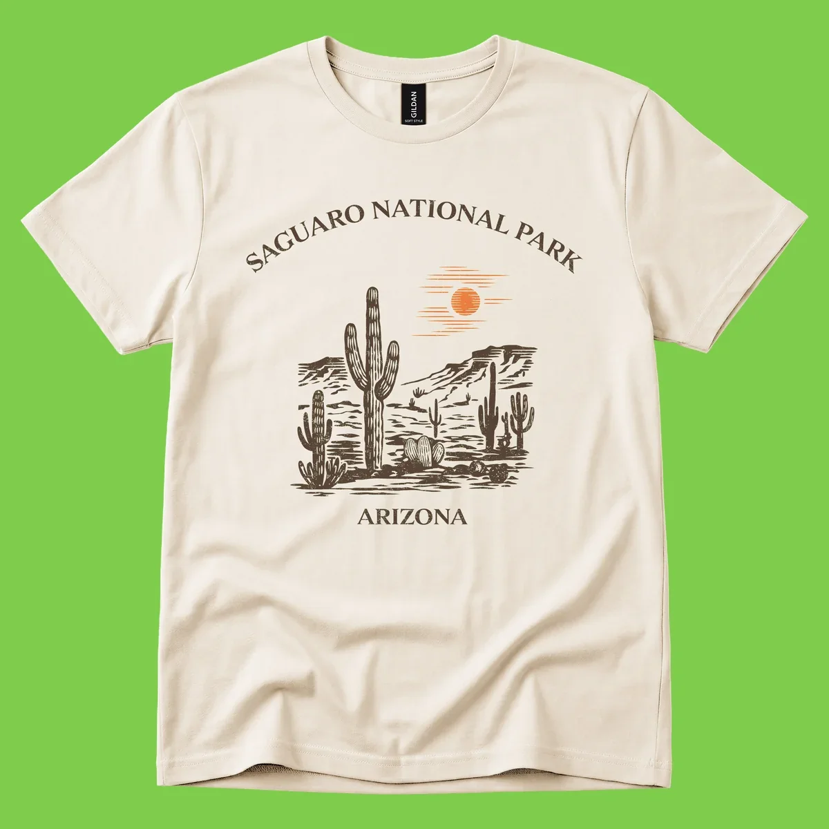 Vintage Saguaro National Park Arizona design with tall saguaro cacti, desert plants, and sun over rocky landscape