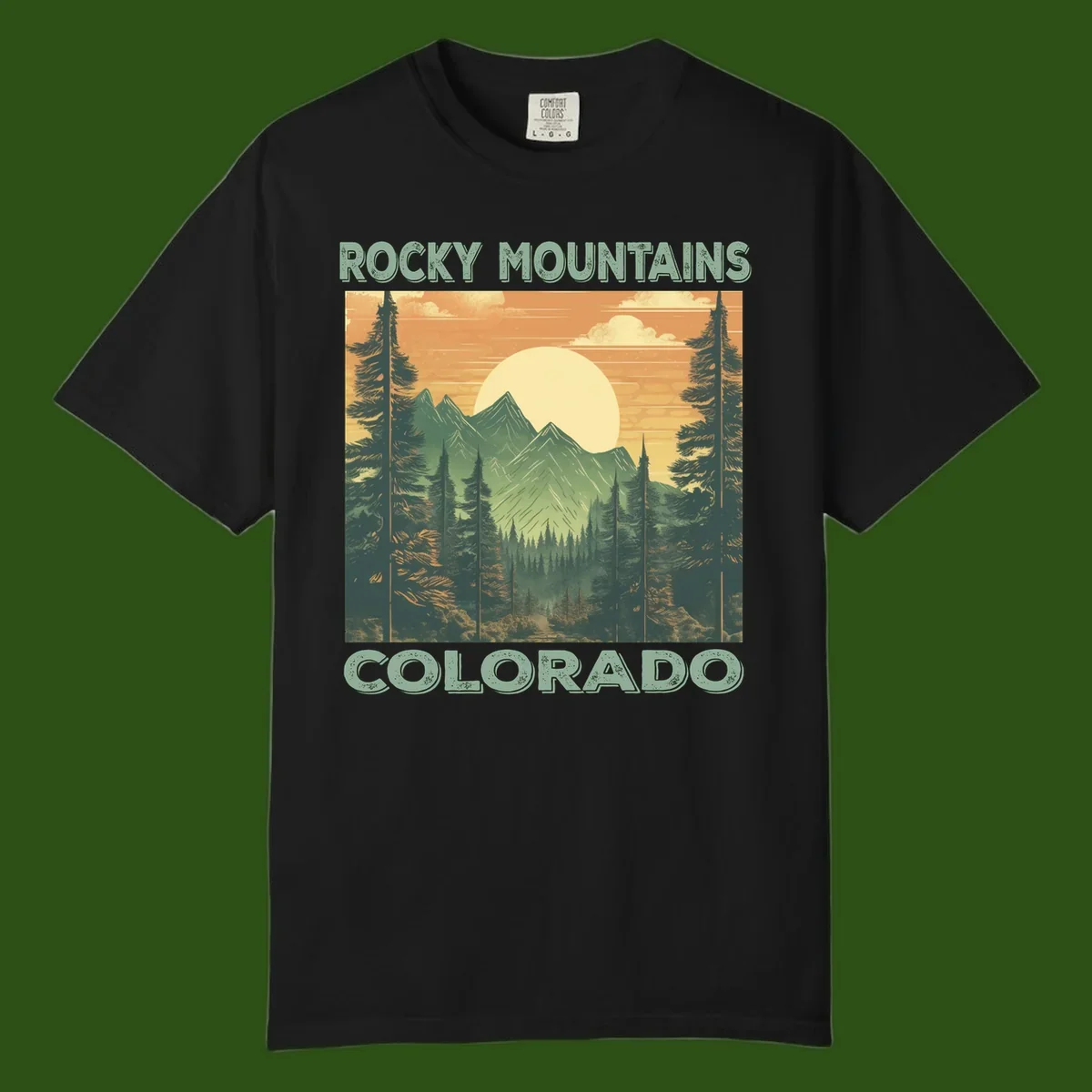 Vintage-style illustration of Rocky Mountains Colorado with golden sunset, evergreen trees, and mountain peaks in retro colors.