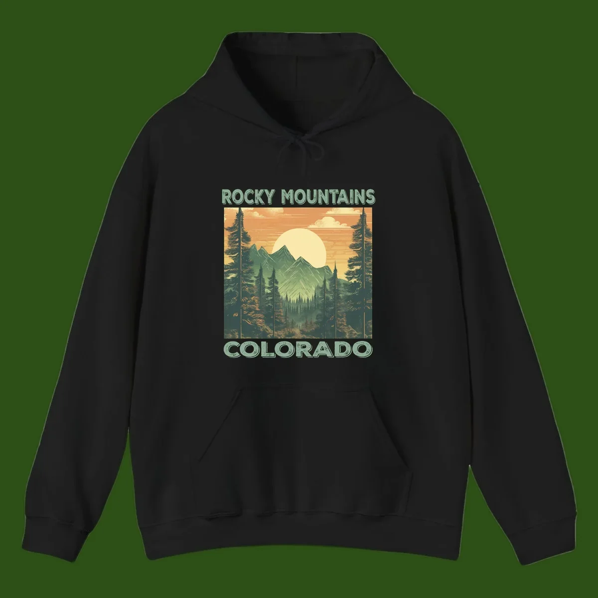 Vintage-style illustration of Rocky Mountains Colorado with golden sunset, evergreen trees, and mountain peaks in retro colors.