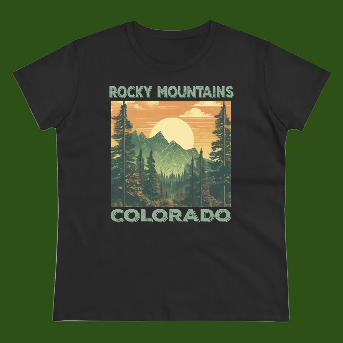 Vintage-style illustration of Rocky Mountains Colorado with golden sunset, evergreen trees, and mountain peaks in retro colors.