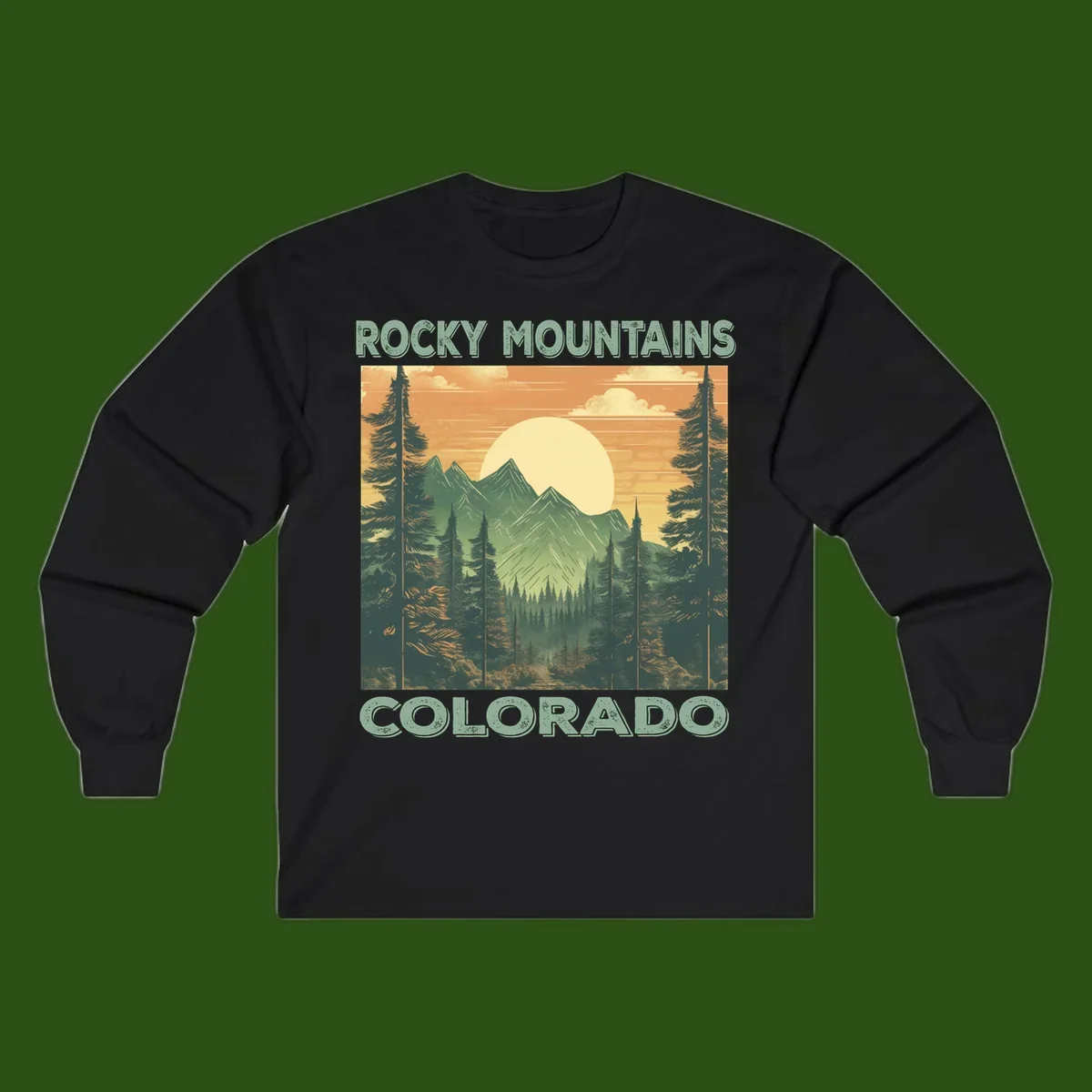 Vintage-style illustration of Rocky Mountains Colorado with golden sunset, evergreen trees, and mountain peaks in retro colors.