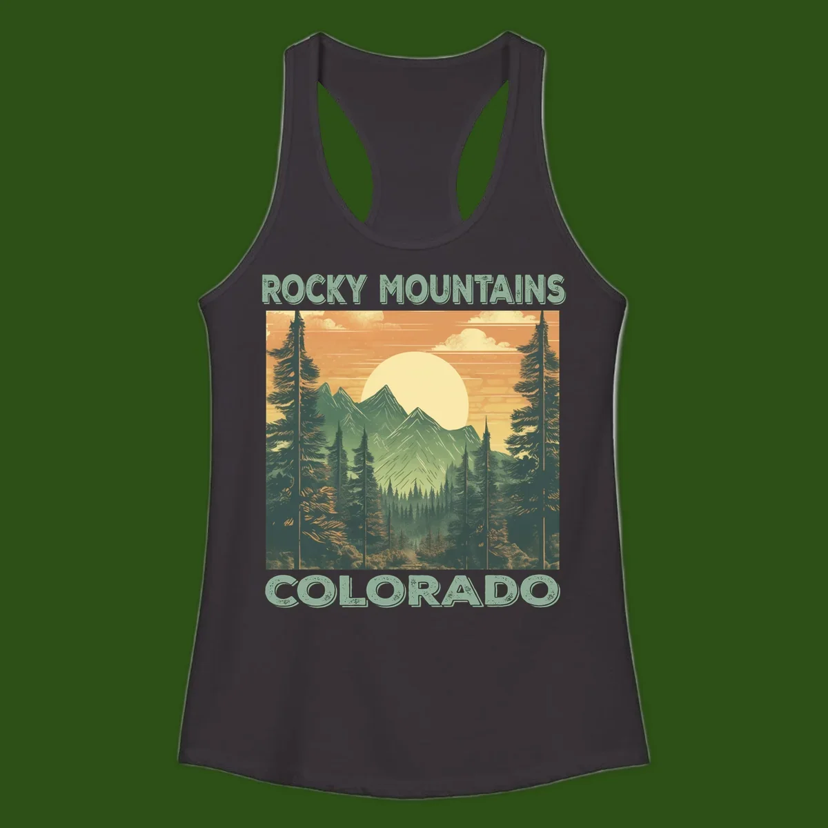 Vintage-style illustration of Rocky Mountains Colorado with golden sunset, evergreen trees, and mountain peaks in retro colors.