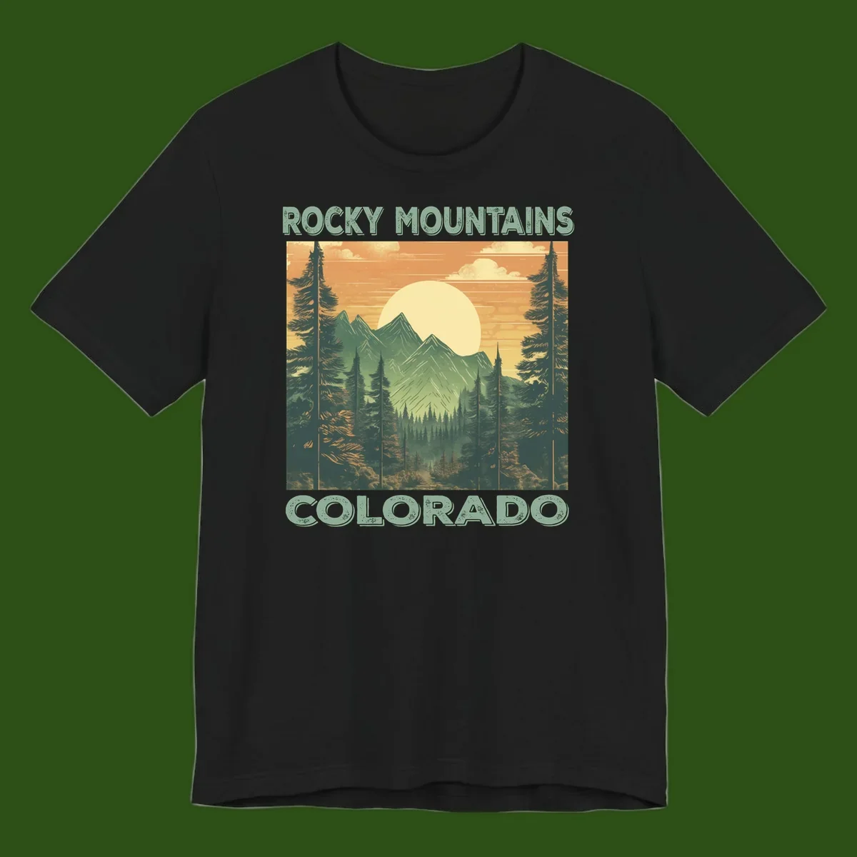 Vintage-style illustration of Rocky Mountains Colorado with golden sunset, evergreen trees, and mountain peaks in retro colors.