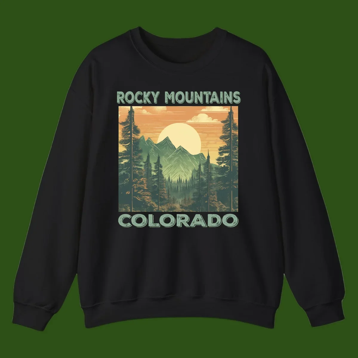 Vintage-style illustration of Rocky Mountains Colorado with golden sunset, evergreen trees, and mountain peaks in retro colors.