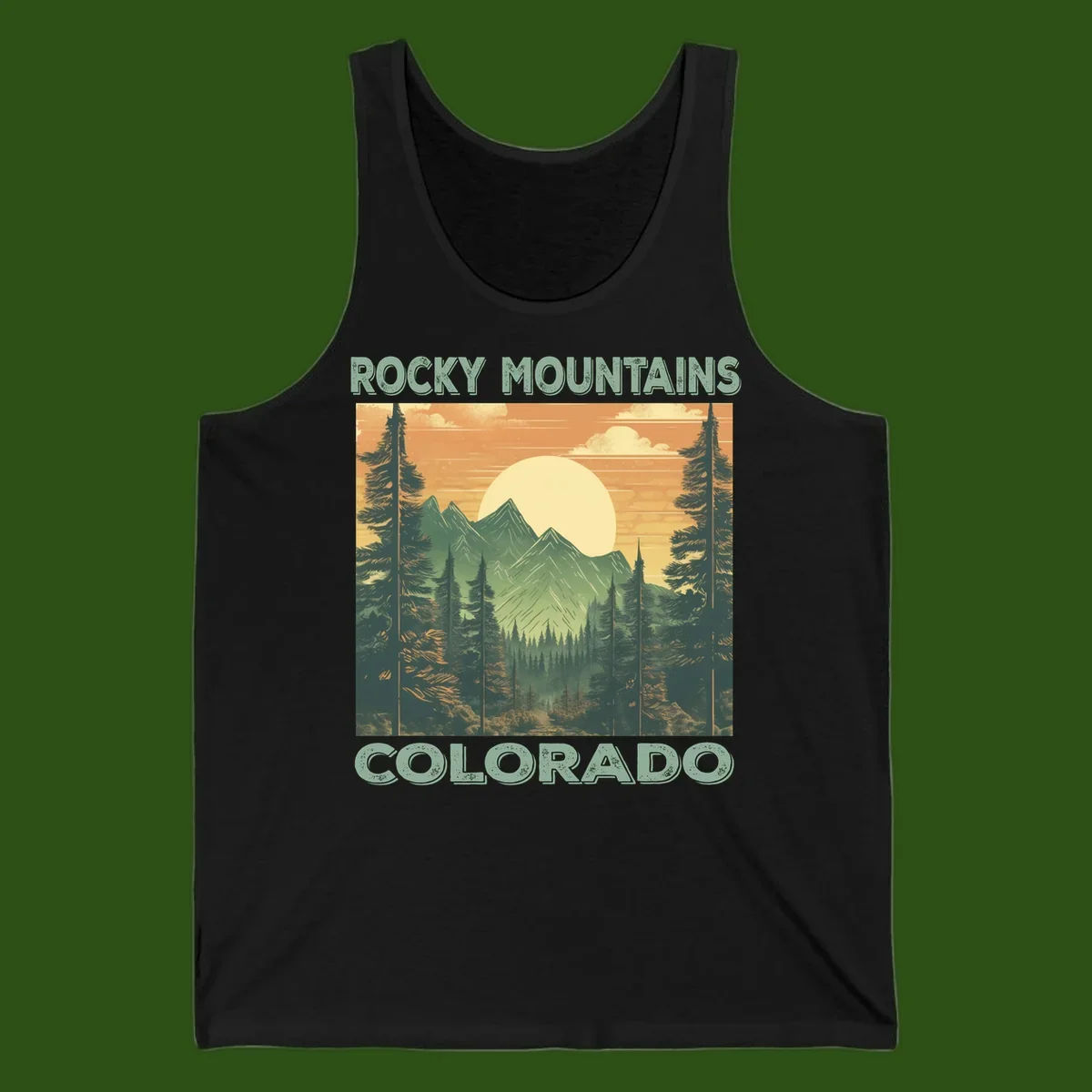 Vintage-style illustration of Rocky Mountains Colorado with golden sunset, evergreen trees, and mountain peaks in retro colors.