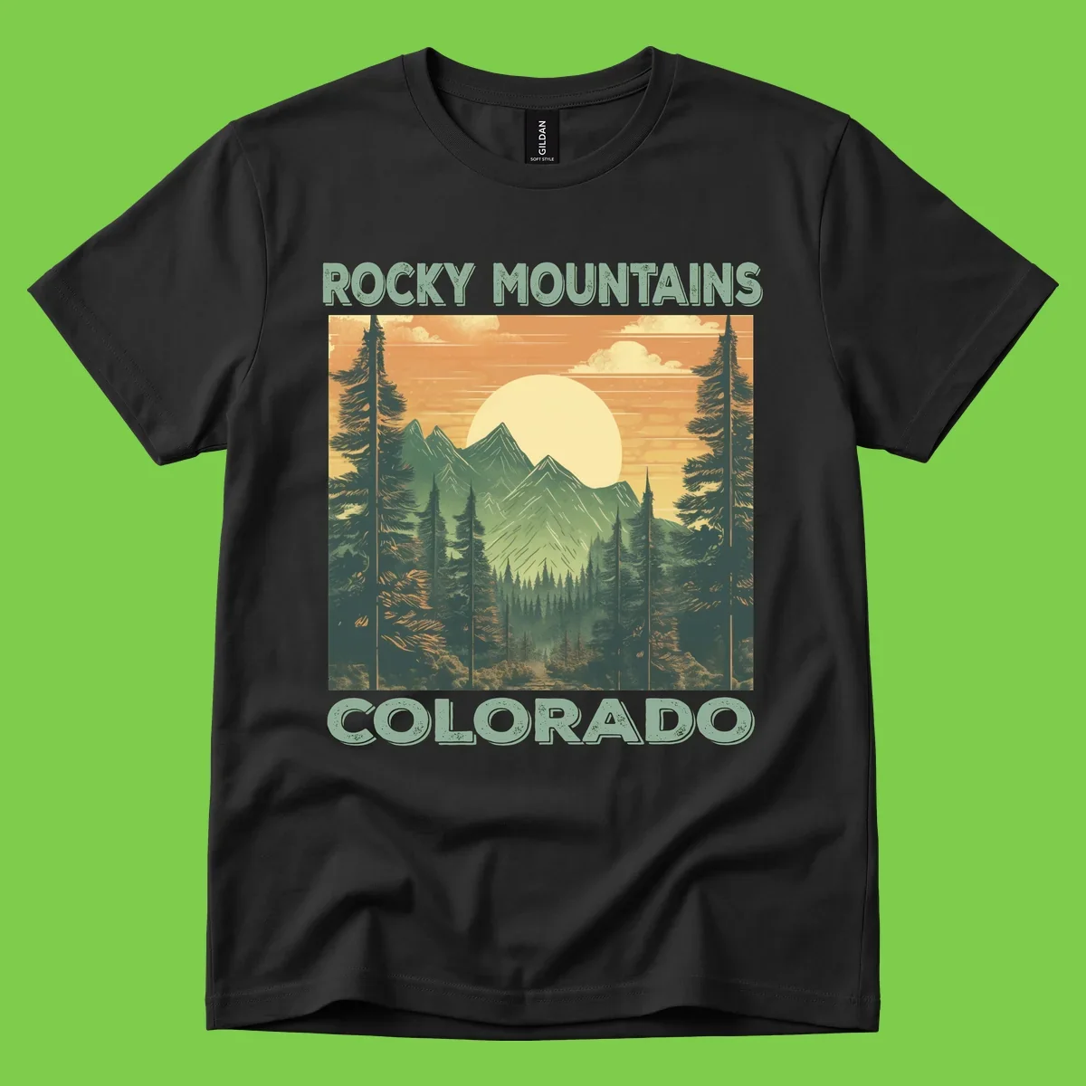 Vintage-style illustration of Rocky Mountains Colorado with golden sunset, evergreen trees, and mountain peaks in retro colors.