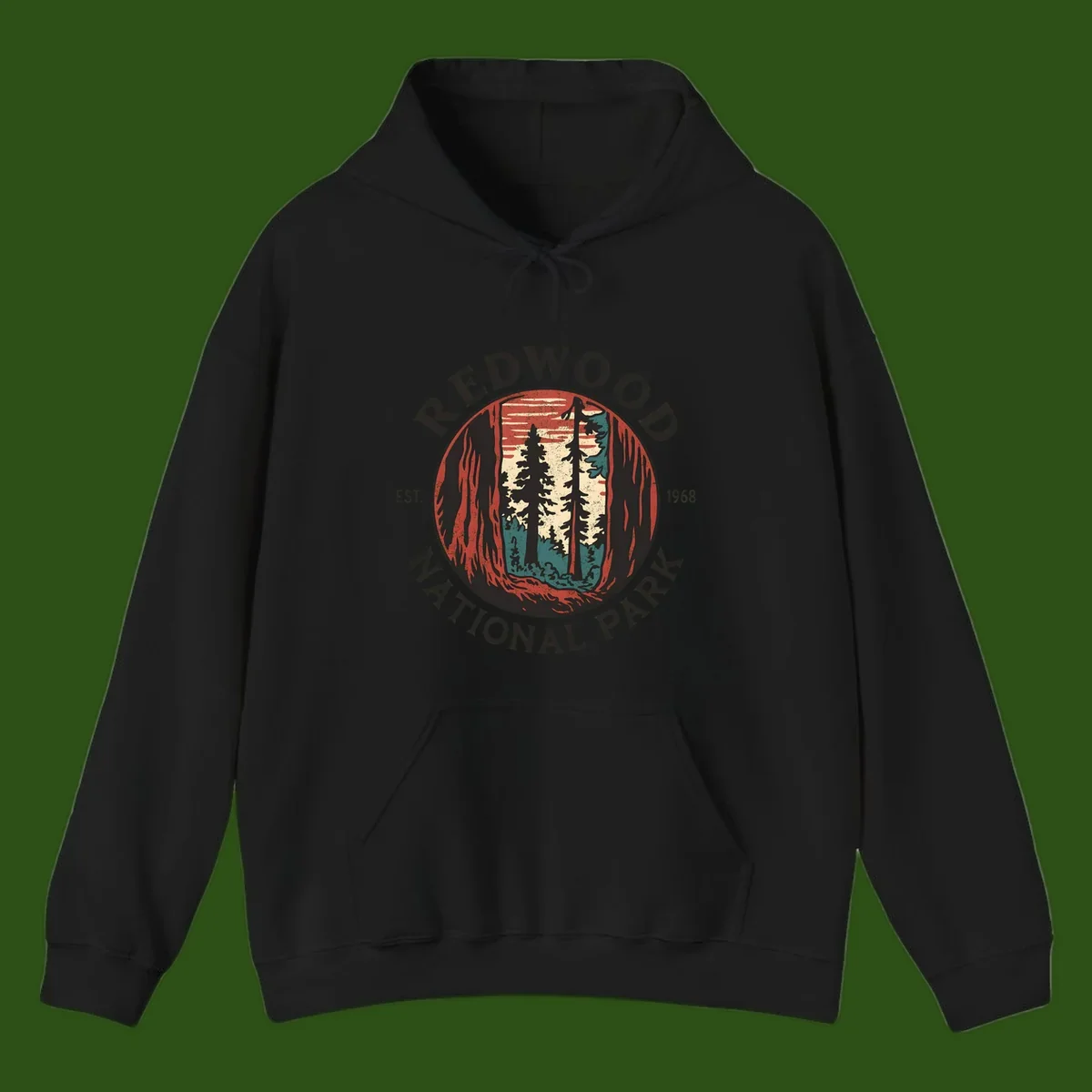 Vintage redwood national park badge design with silhouetted towering trees in circular frame, established 1968