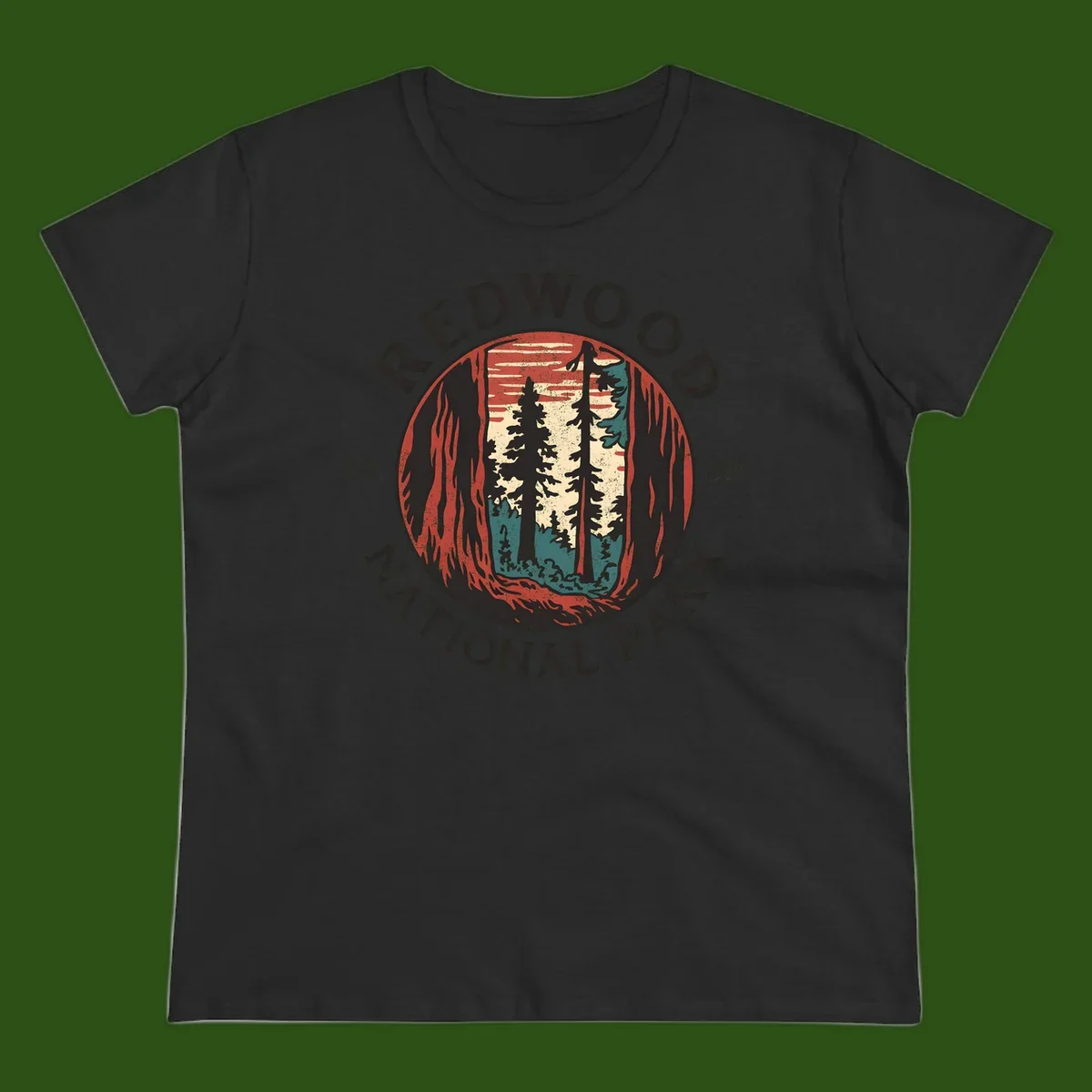 Vintage redwood national park badge design with silhouetted towering trees in circular frame, established 1968