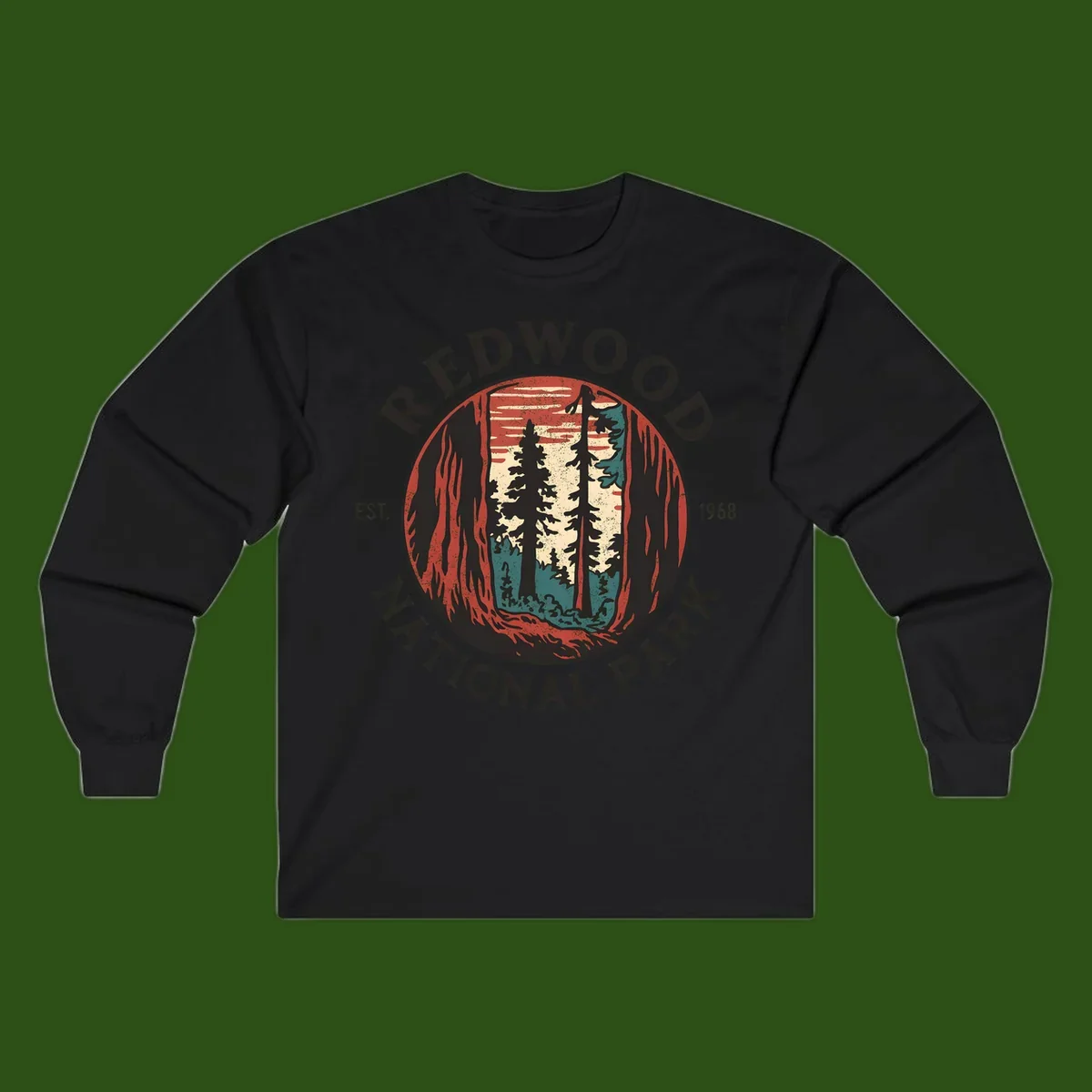 Vintage redwood national park badge design with silhouetted towering trees in circular frame, established 1968