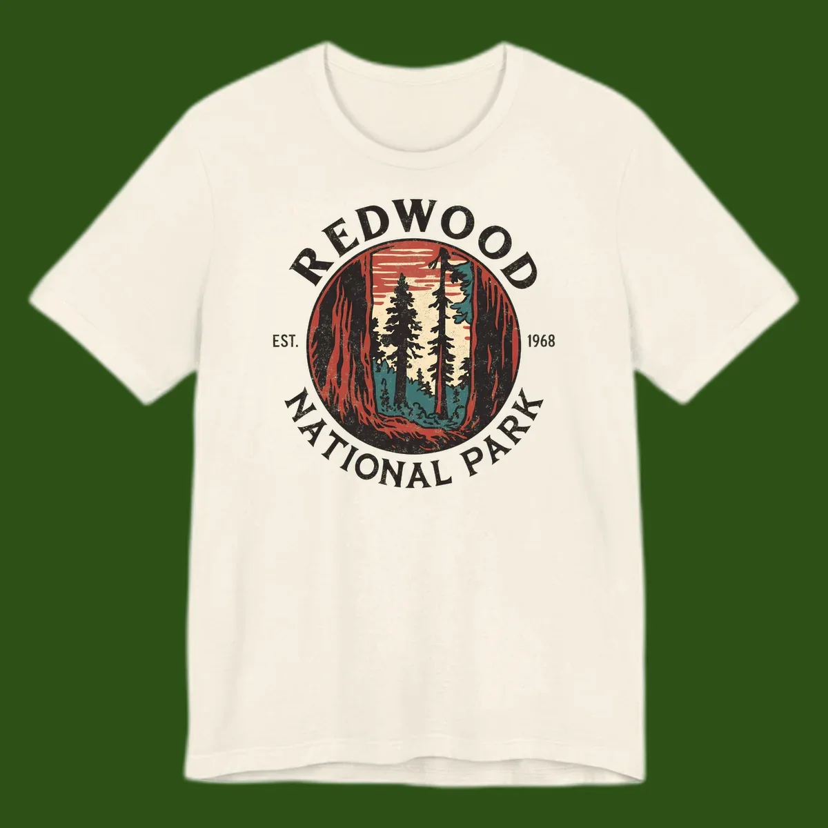 Vintage redwood national park badge design with silhouetted towering trees in circular frame, established 1968